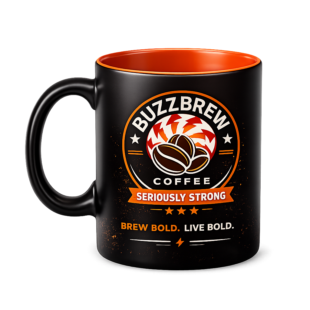Buzz Brew Seriously Strong Ceramic Coffee Mug – 11 oz Matte Black Coffee Cup with Orange Interior, Brew Bold Live Bold Design