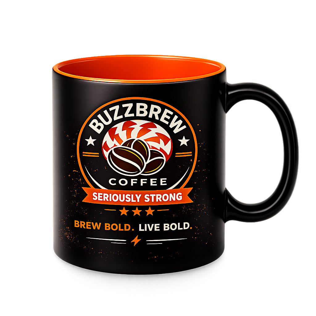 Buzz Brew Seriously Strong Ceramic Coffee Mug – 11 oz Matte Black Coffee Cup with Orange Interior, Brew Bold Live Bold Design