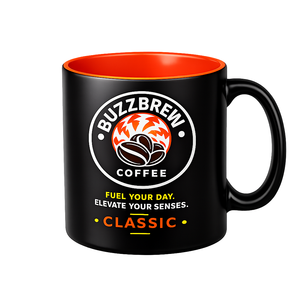 Buzz Brew Premium Ceramic Coffee Mug – 11 oz Black Coffee Cup with Orange Interior, Fuel Your Day Design