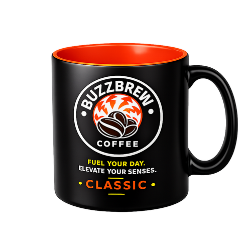 Buzz Brew Premium Ceramic Coffee Mug – 11 oz Black Coffee Cup with Orange Interior, Fuel Your Day Design