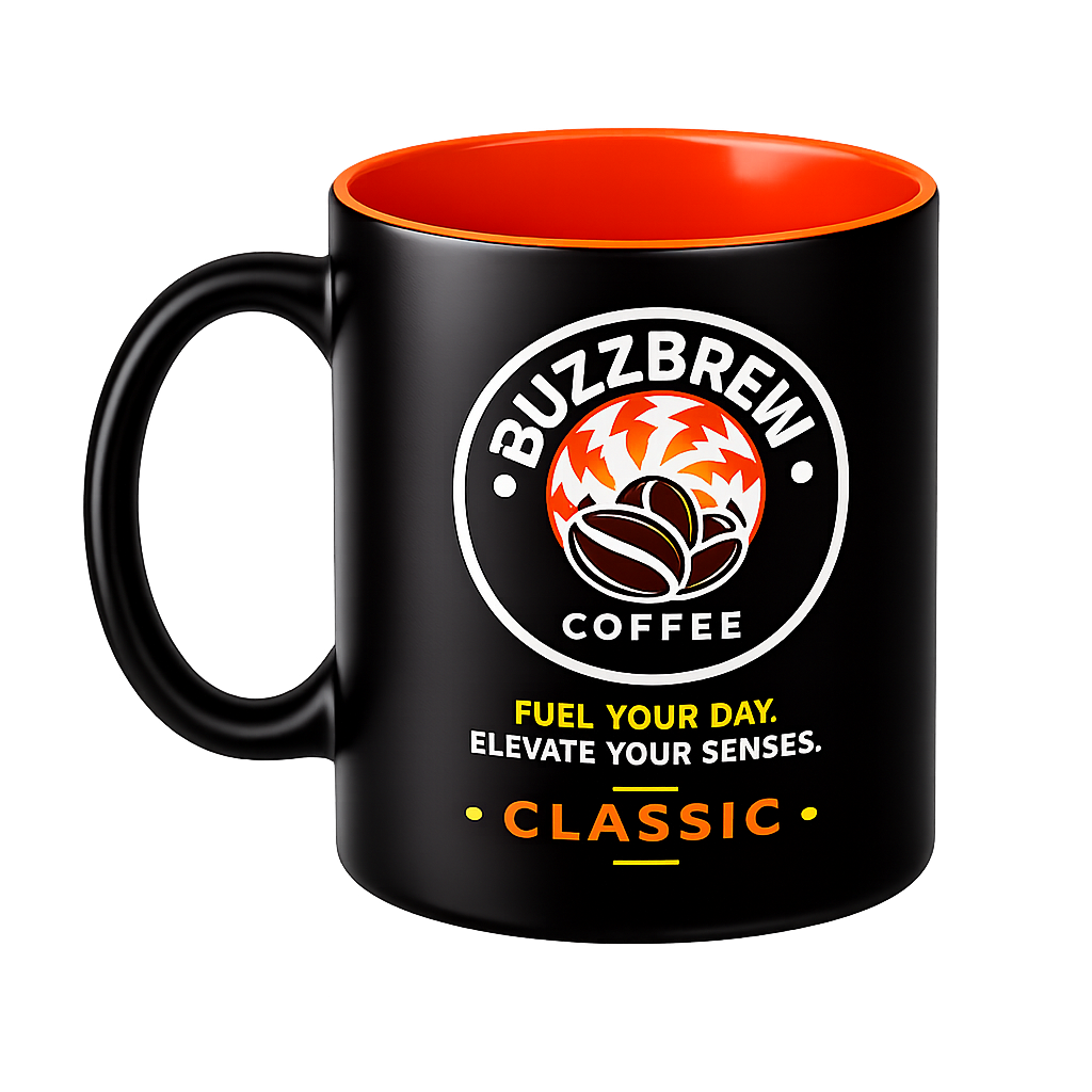 Buzz Brew Premium Ceramic Coffee Mug – 11 oz Black Coffee Cup with Orange Interior, Fuel Your Day Design