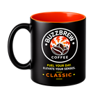 Buzz Brew Premium Ceramic Coffee Mug – 11 oz Black Coffee Cup with Orange Interior, Fuel Your Day Design